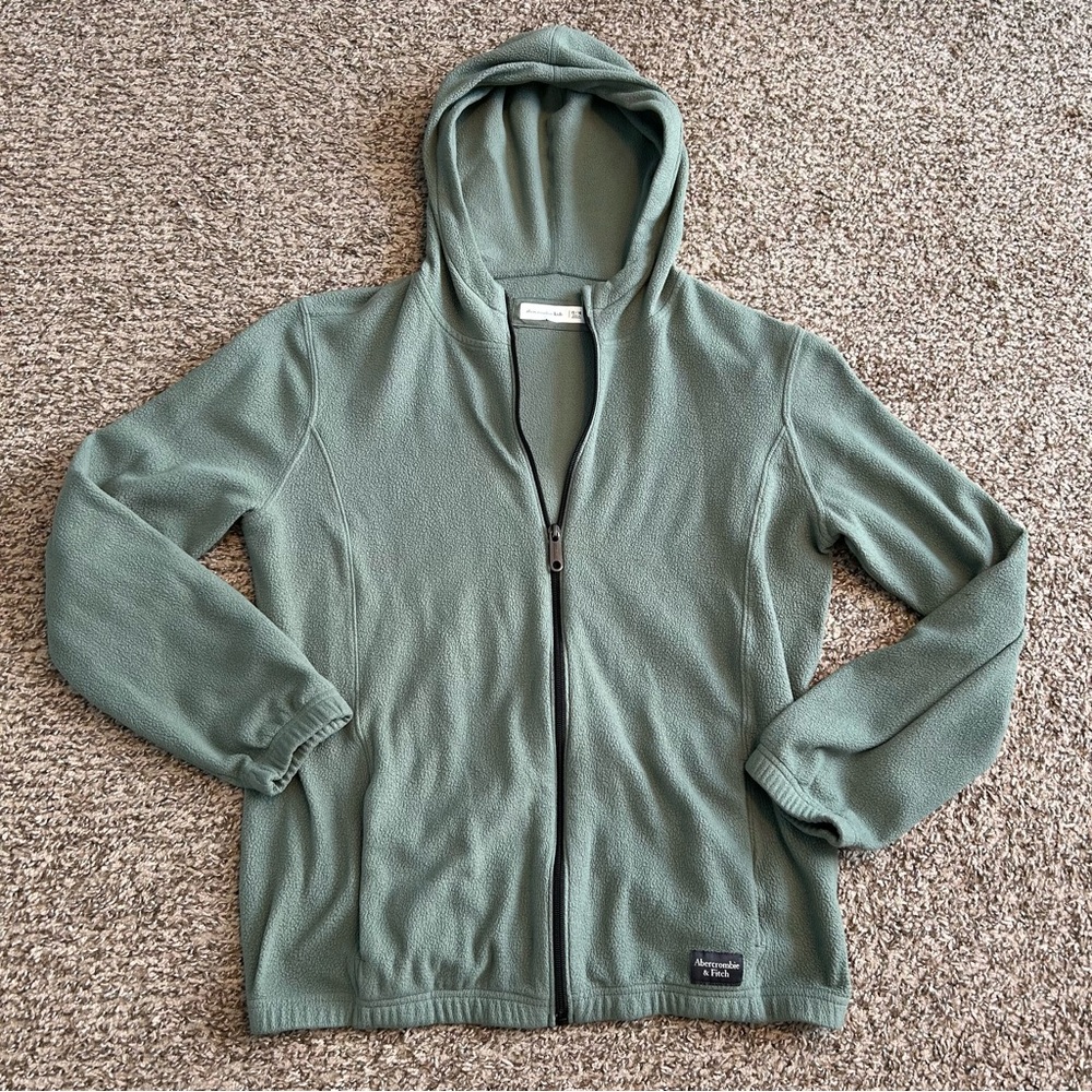 Abercrombie & Fitch Kids 15/16 Olive Green Zip Up Fleece Jacket w/ Pockets, Hood
